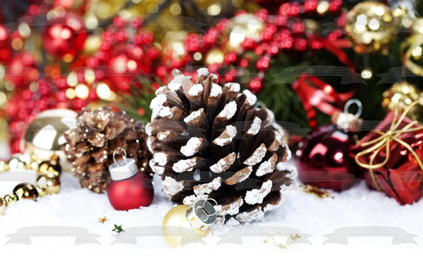 Christmas Pine Cone Ball Ornament Present Edible Cake Topper Image ABPID50605