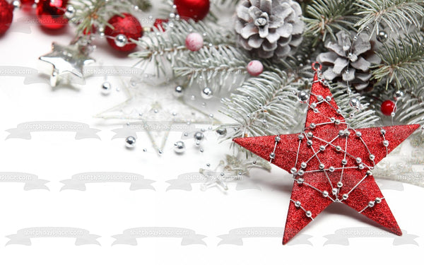Christmas Tree Pine Cones Star Ornaments Edible Cake Topper Image ABPID50620