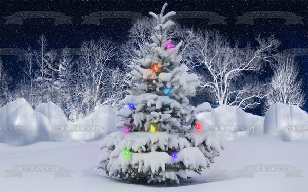 Christmas Tree Snow Christmas Lights Edible Cake Topper Image ABPID50634