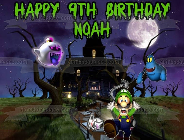 Luigi's Mansion Ghosts and Luigi Running with Polterpup Ghost Dog Personalized Edible Cake Topper Image ABPID50660