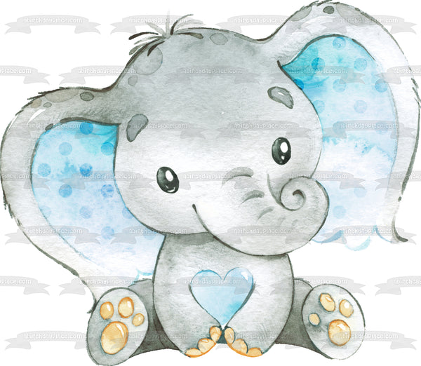 Baby Boy Blue Elephant with Heart Edible Cake Topper Image ABPID50664