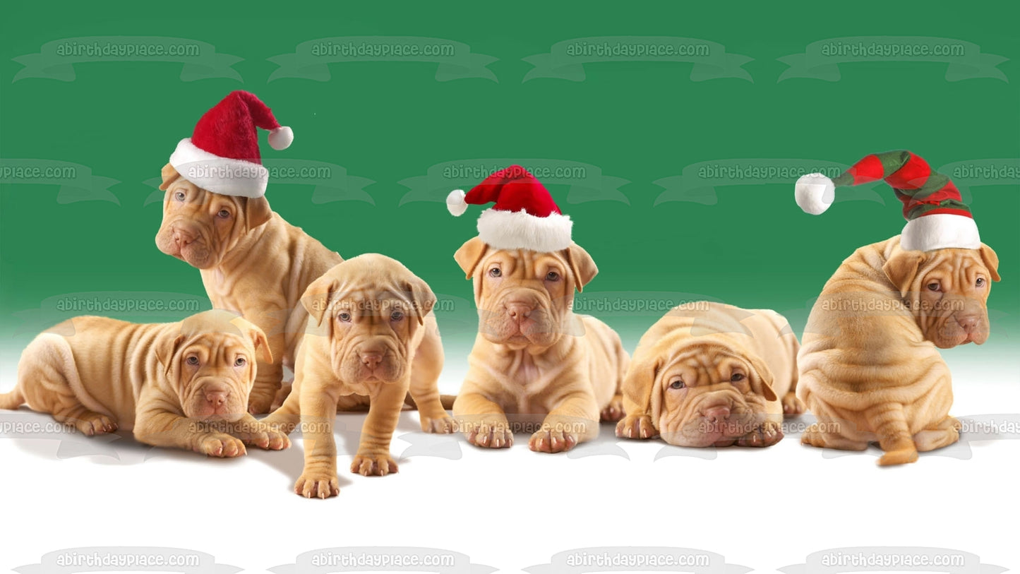 Christmas Puppies Christmas Hats Green Background Edible Cake Topper Image ABPID50682