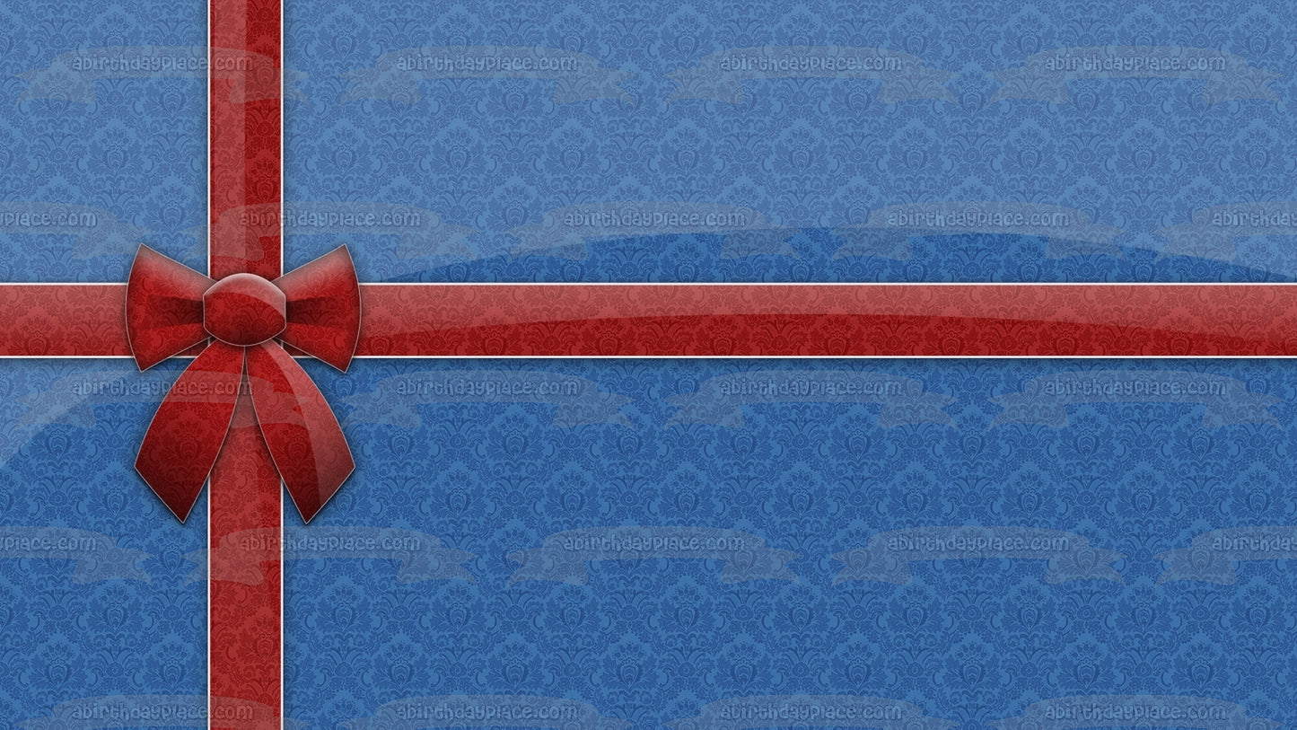 Christmas Present Blue with Red Ribbon Bow Edible Cake Topper Image ABPID50698