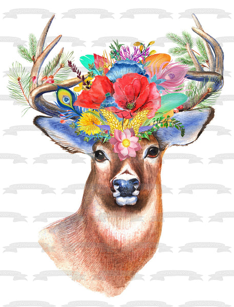 Colorful Deer Flowers Feathers Whimsical Edible Cake Topper Image ABPID50715