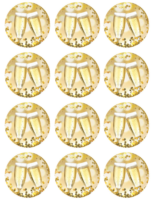 Happy New Year Celebration Champagne Flute Gold Bokah 12 Count Edible Cupcake Topper Images ABPID50766