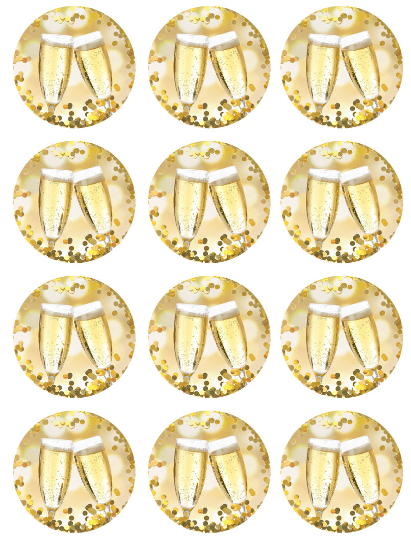 Happy New Year Celebration Champagne Flute Gold Bokah 12 Count Edible Cupcake Topper Images ABPID50766