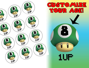 1up Mushroom Mario Birthday Party Customizeable Age Edible Cupcake Topper Images ABPID50798