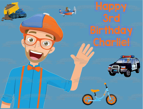 Blippi Youtube Youtuber Transportation Airplane Dumptruck Policecar Bicycle Personalized Edible Cake Topper Image ABPID50826