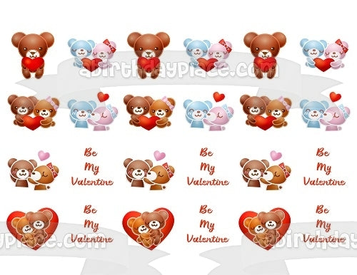 Happy Valentine's Day Be My Valentine Teddy Bears and Hearts Edible Cake Topper Image ABPID50842