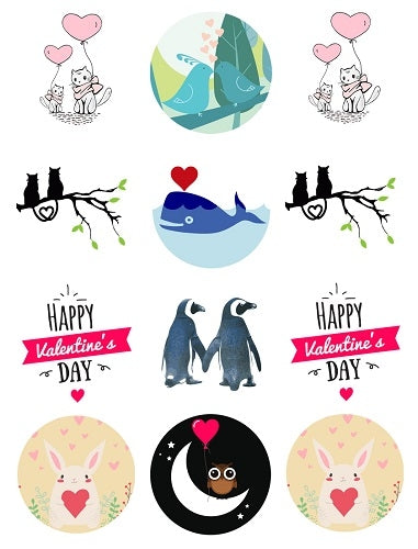 Happy Valentine's Day Assorted Cute Critters Hearts Edible Cupcake Topper Images ABPID50845