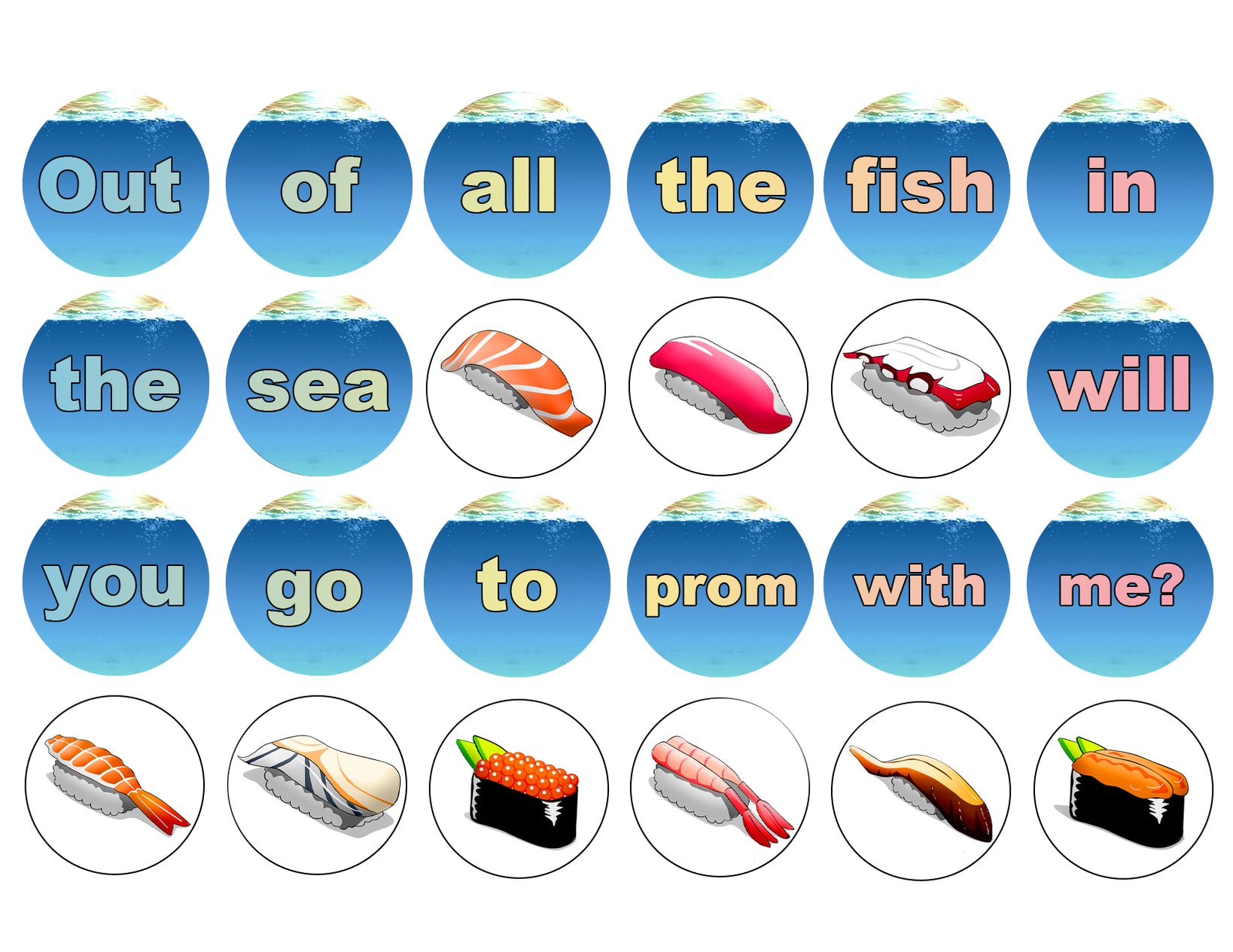 High School Prom Proposal Out of All the Fish In the Sea Will You Go to Prom with Me Assorted Fish Types Salmon Sashimi Sushi Edible Cupcake Topper Images ABPID50852