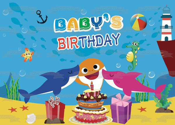 Baby Shark Baby's Birthday Mommy Shark Daddy Shark Birthday Party Presents Birthday Cake Light House Underwater Background Edible Cake Topper Image ABPID50893
