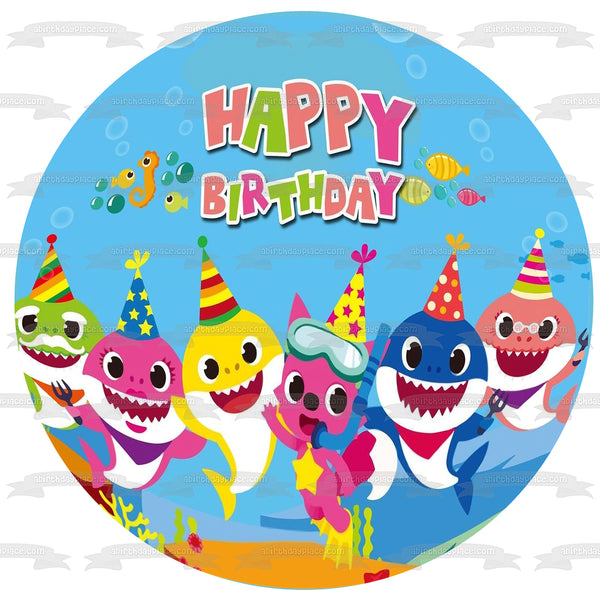 Baby Shark Pinkfong Round Happy Birthday Grandpa Shark Grandma Shark Mommy Shark Daddy Shark Edible Cake Topper Image ABPID50898