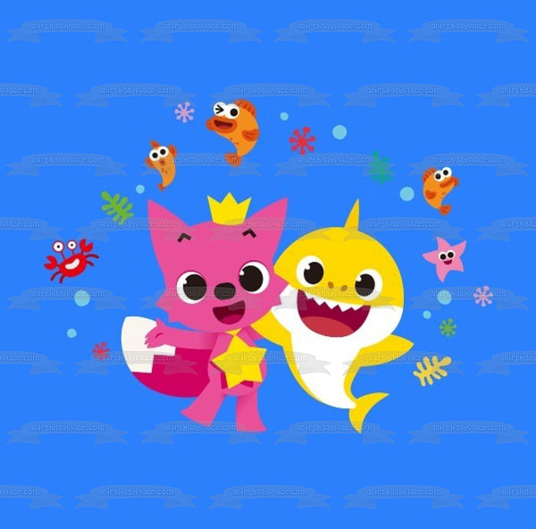Baby Shark Pinkfong Fish Crab Starfish Ocean Background Edible Cake Topper Image ABPID50906