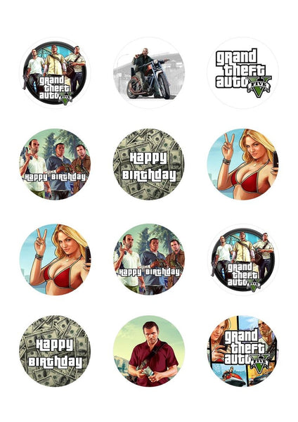Grand Theft Auto Five Franklin Trevor Michael Gta Logo Happy Birthday Edible Cupcake Topper Images ABPID50918