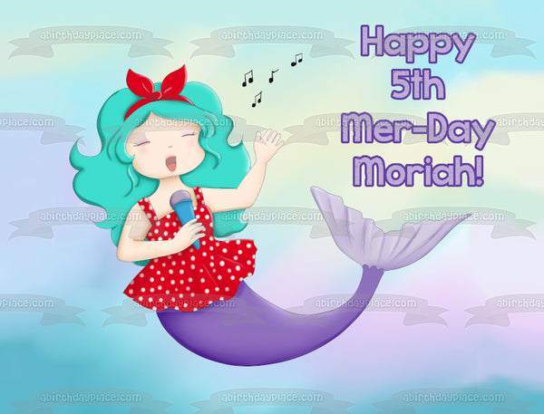 Mermaid Singing Happy 5th Mer-Day Personalized Name Edible Cake Topper Image ABPID51078