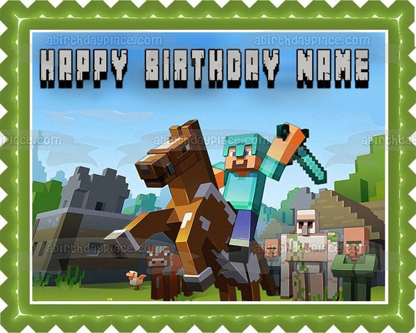 Minecraft Happy Birthday Assorted Characters Horses Personalized Name Edible Cake Topper Image ABPID51098