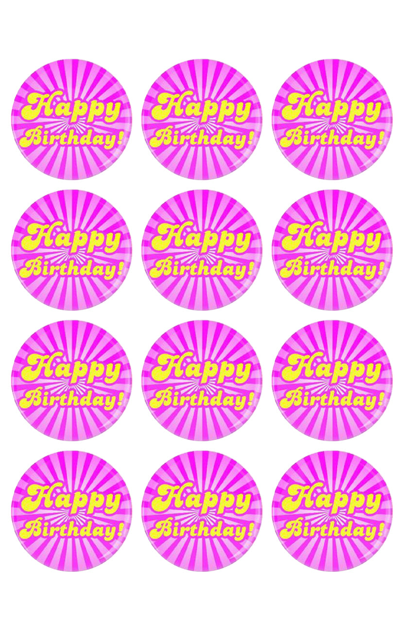 70s Themed Happy Birthday Pink Swirl Backgrounds Edible Cupcake Topper Images