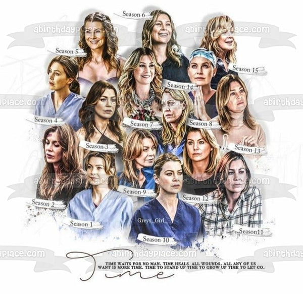 Grey's Anatomy Meredith Over the Years Assorted Season Pictures Edible Cake Topper Image ABPID51190