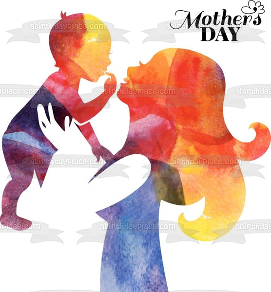 Happy Mother's Day Mom and Baby Colorful Silhouette Edible Cake Topper Image ABPID51232