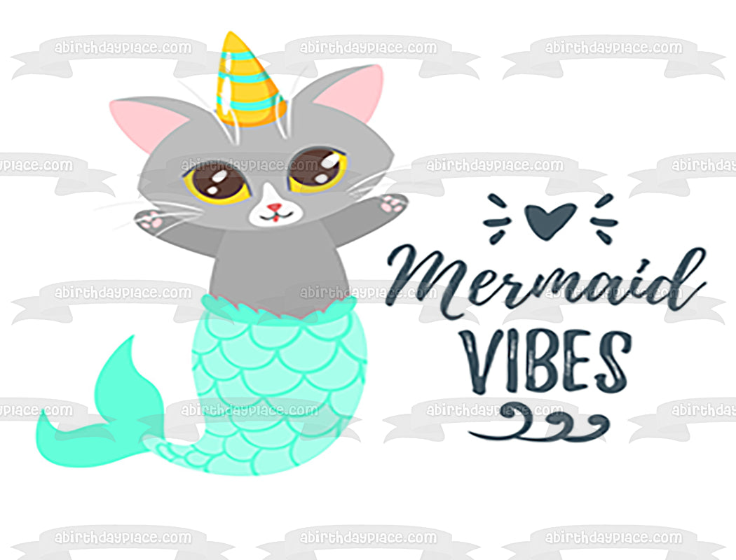 Caticorn Sirena Vibes Gato Unicornio Corazón Decoración comestible para tarta Imagen ABPID51360 