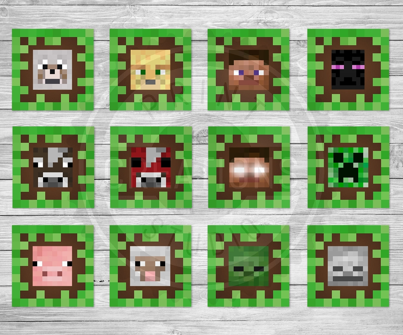 Minecraft Assorted Faces Steve Creeper Ghast Pig Cow Sheep Mooshroom Enderman Edible Cupcake Topper Images ABPID51391