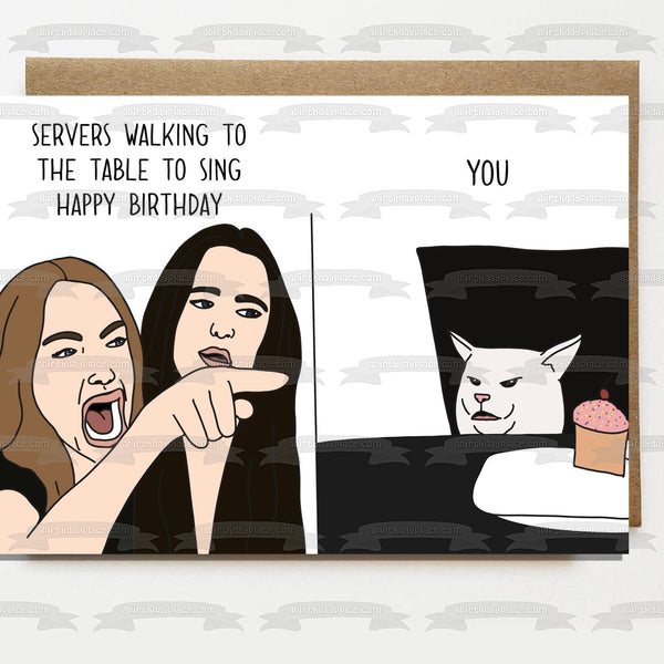 Meme Lady Yelling at Cat Cartoon Happy Birthday Edible Cake Topper Image ABPID51470