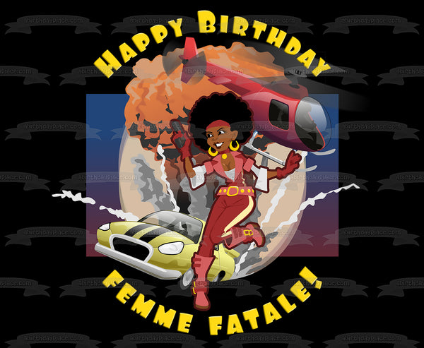 Femme Fatale Spy Explosion Party Edible Cake Topper Image ABPID51980