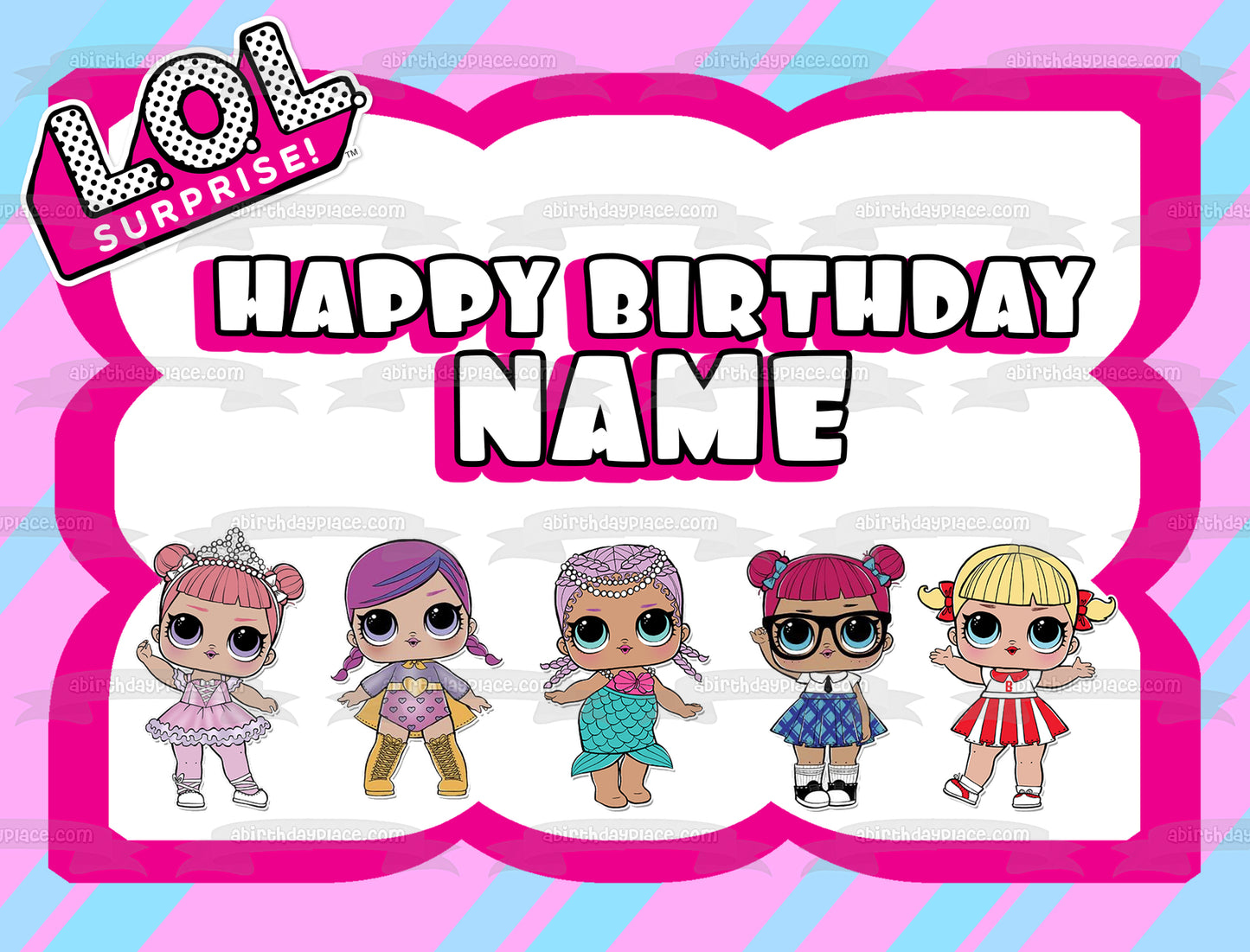 LOL Surpise Custom Butterfly Rainbow Frame Merbaby Super B.B. Cheer Captain Teacher's Pet Center Stage Edible Cake Topper Image ABPID52181