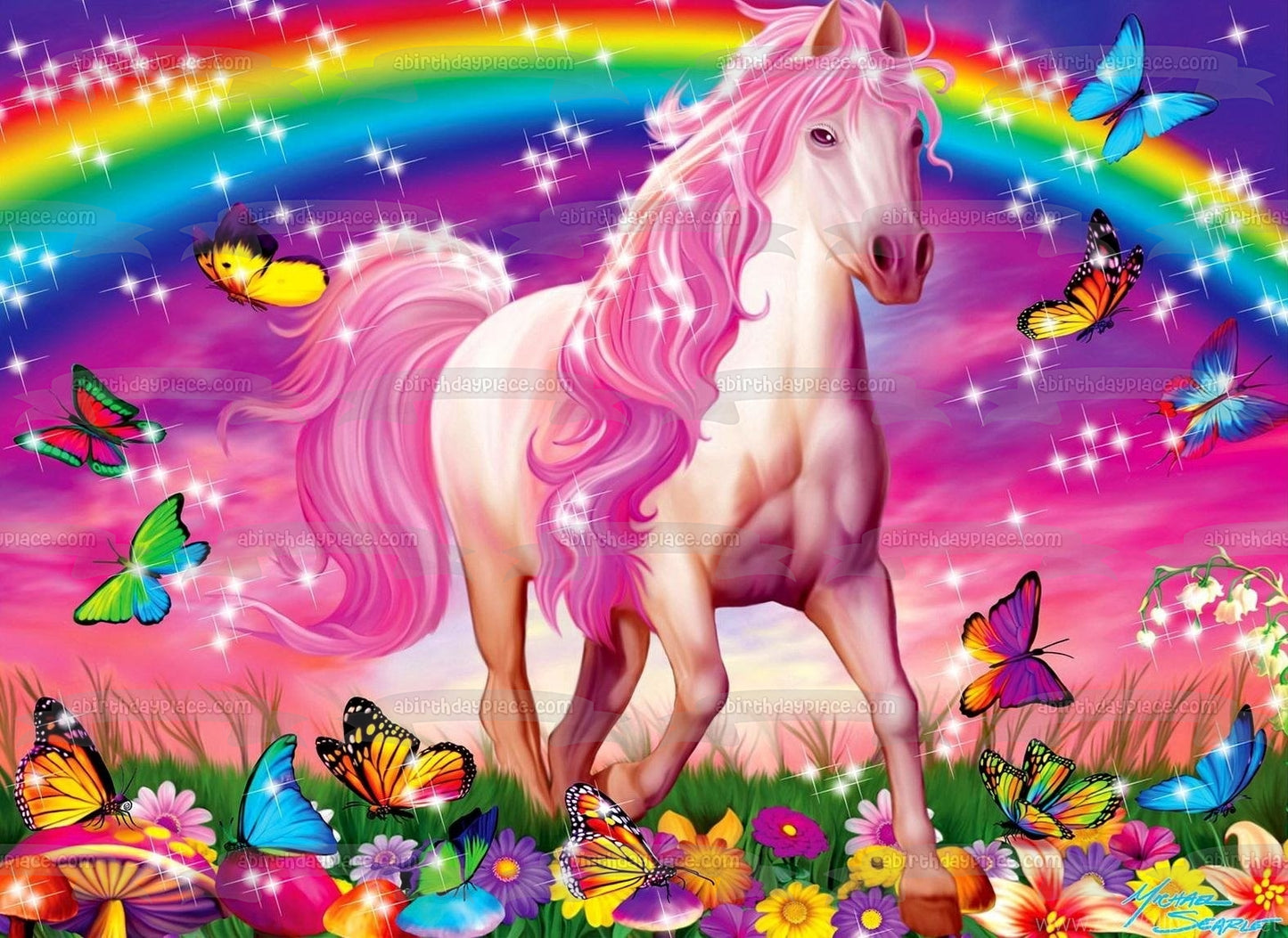 Pink Horse Rainbow Butterflies Edible Cake Topper Image ABPID52305