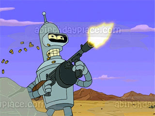 Futurama Animation Adult Swim Comedy Central Bender Disparando Tommy Gun Edible Cake Topper Imagen ABPID52641 