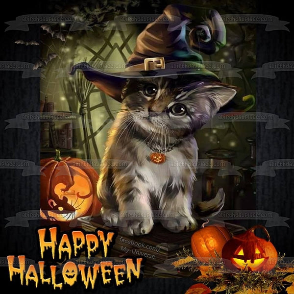 Happy Halloween Cat Wearing Witche's Hat Jack-O-Lanterns Edible Cake Topper Image ABPID52681