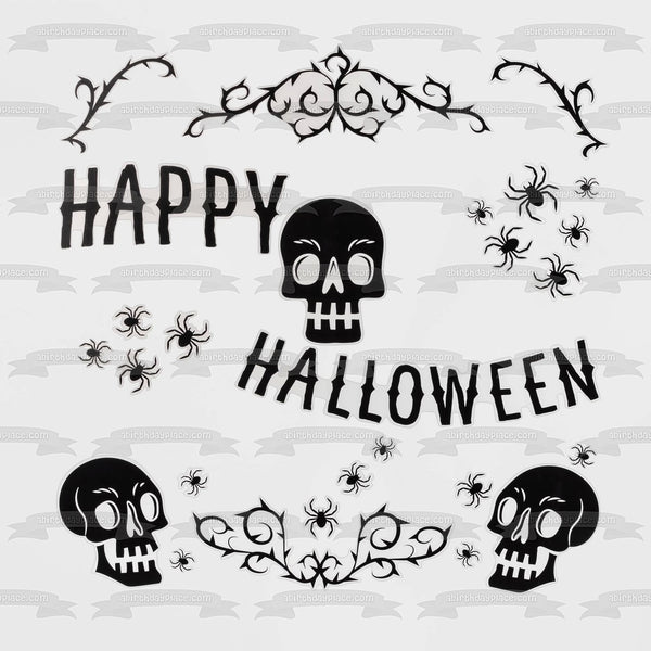 Happy Halloween Skulls Spiders Edible Cake Topper Image ABPID52683