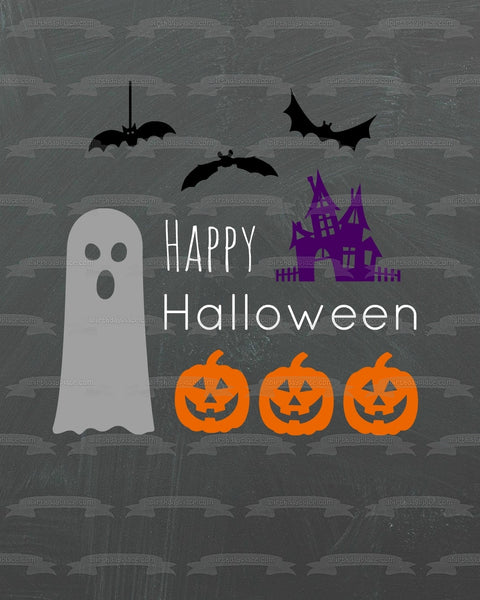 Happy Halloween Ghost Bats Scary House Smiling Jack-O-Lanterns Edible Cake Topper Image ABPID52688