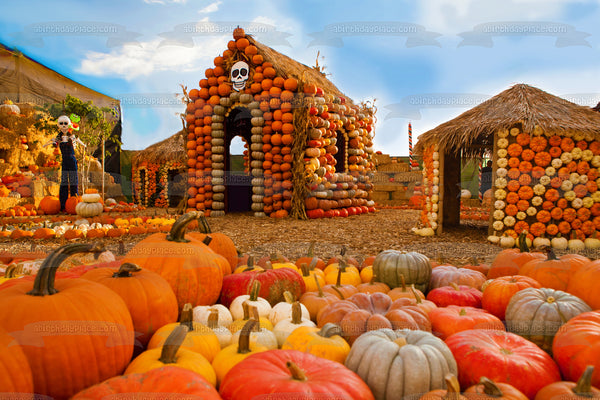 Happy Halloween Pumpkin Houses Edible Cake Topper Image ABPID52692