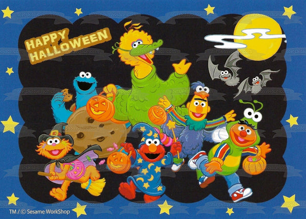 Sesame Street Happy Halloween Trick or Treat Big Bird Cookie Monster Elmo Bert Ernie Halloween Costumes Jack-O-Lanterns Edible Cake Topper Image ABPID52700