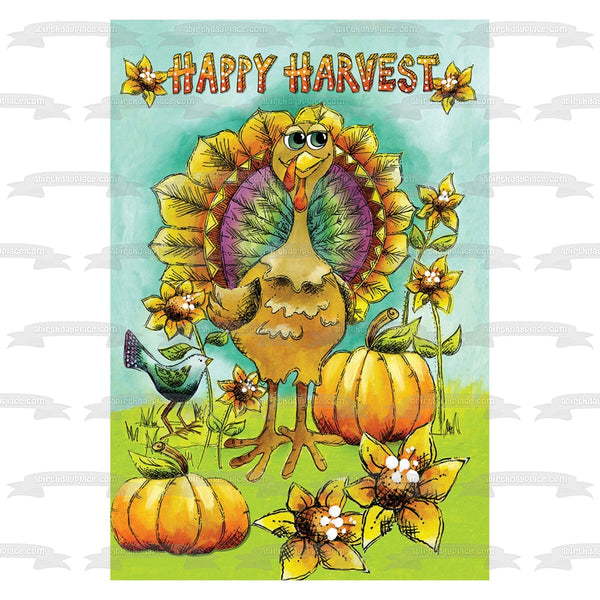 Happy Harvest Colorful Turkey Pumpkins Sunflower Edible Cake Topper Image ABPID52711