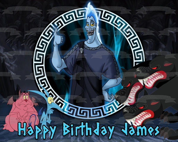 Disney Hercules Hades Cerberus Pain and Panic Happy Birthday Your Personalized Name Edible Cake Topper Image ABPID52842