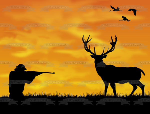 Outdoorsman Hunter Deer Duck Nature Wildlife Silhouette Gun Edible Cake Topper Image ABPID52982