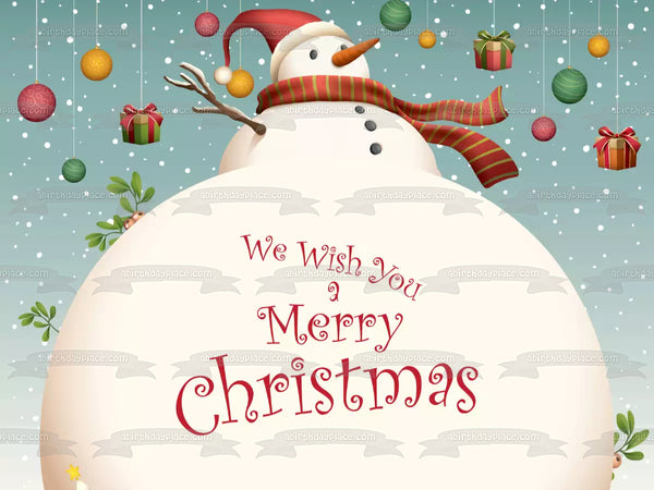 Snowman "We Wish You a Merry Christmas" Christmas Presents Edible Cake Topper Image ABPID53037