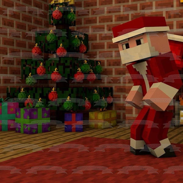 Minecraft Merry Christmas Minecraft Santa Claus Christmas Tree and Presents Edible Cake Topper Image ABPID53051