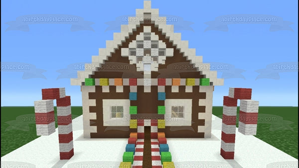 Minecraft Merry Christmas Minecraft Christmas Cottage and Candy Canes Edible Cake Topper Image ABPID53054