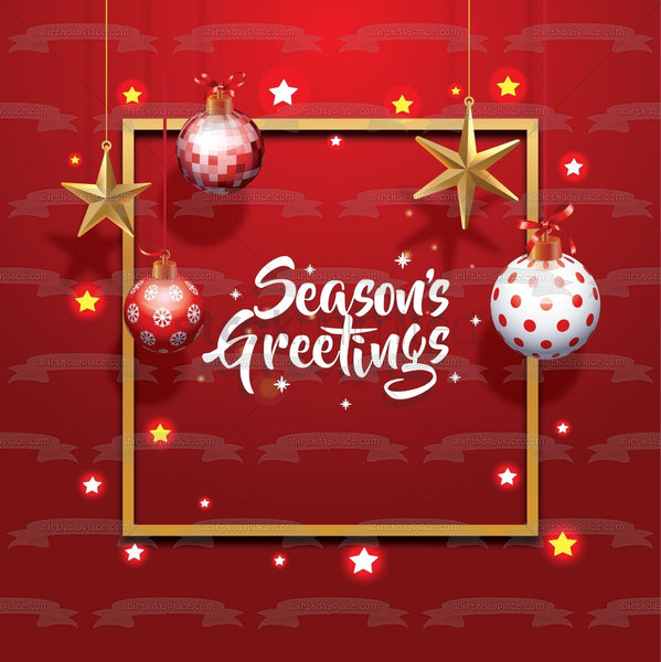 Season's Greetings Stars Christmas Bulbs Edible Cake Topper Image ABPID53069