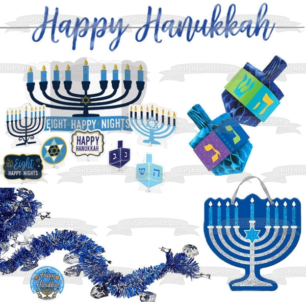 Happy Hanukkah Menorah Dreidel Star of David Edible Cake Topper Image ABPID53074