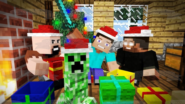 Minecraft Merry Christmas Steve Creeper Santa Costumes Christmas Presents Edible Cake Topper Image ABPID53082