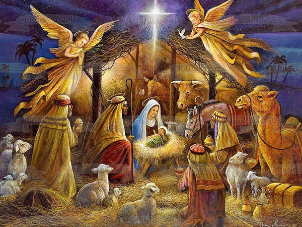 Nativity Scene Merry Christmas Happy Birthday Jesus Edible Cake Topper Image ABPID53105