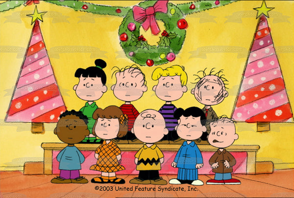 Peanuts Merry Christmas Charlie Brown Lucy Sally Linus Christmas Tree Christmas Wreath Edible Cake Topper Image ABPID53108
