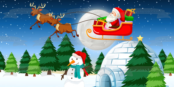 Merry Chirstmas Santa Claus Snowman Reindeer Igloo Edible Cake Topper Image ABPID53119