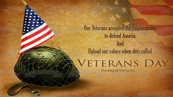 Happy Veterans Day Army Helmet American Flag Edible Cake Topper Image ABPID53304