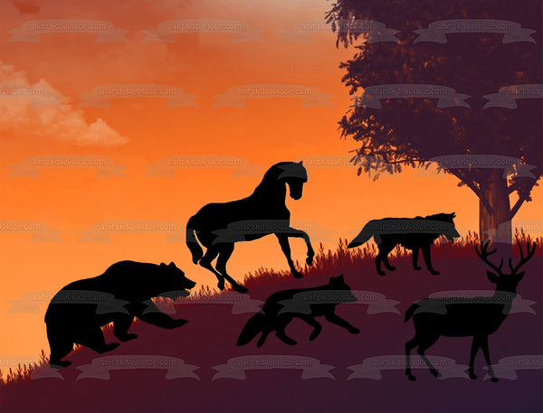 Wildlife Animals Climbing a Hill Sunset Deer Wolf Fox Horse Bear Nature Silhouette Edible Cake Topper Image ABPID53376